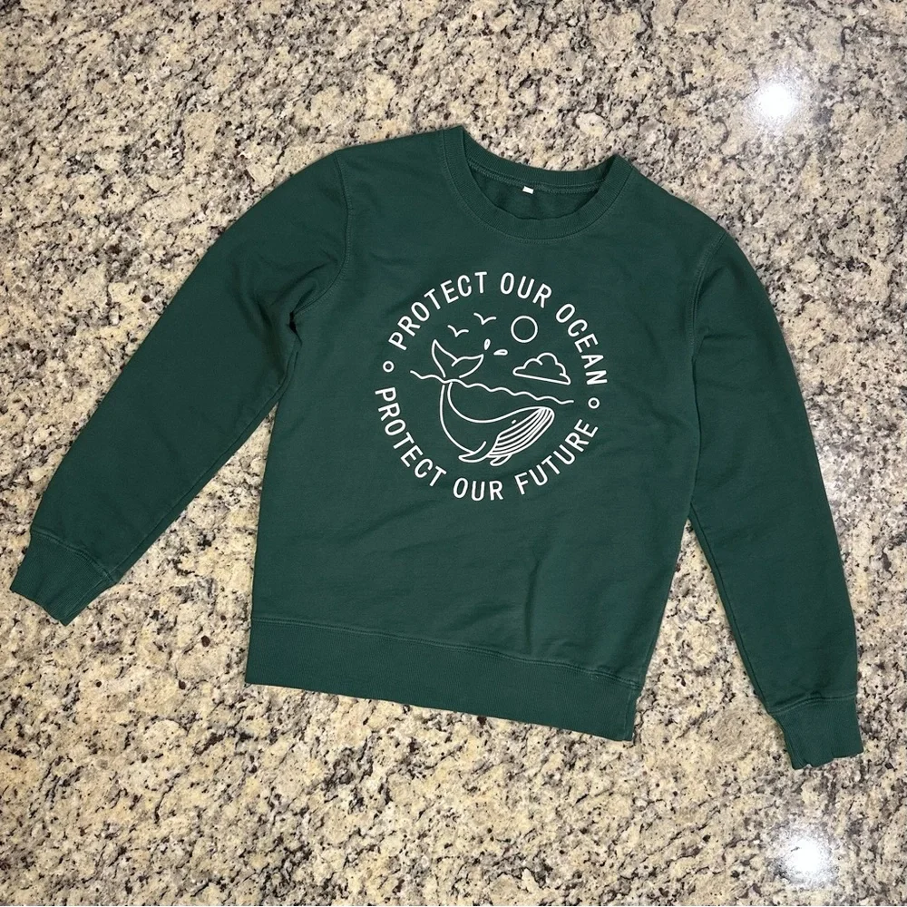 Green Size S “Protect Our Ocean Protect Our Future” Pullover Crewneck Sweater - Picture 1 of 5